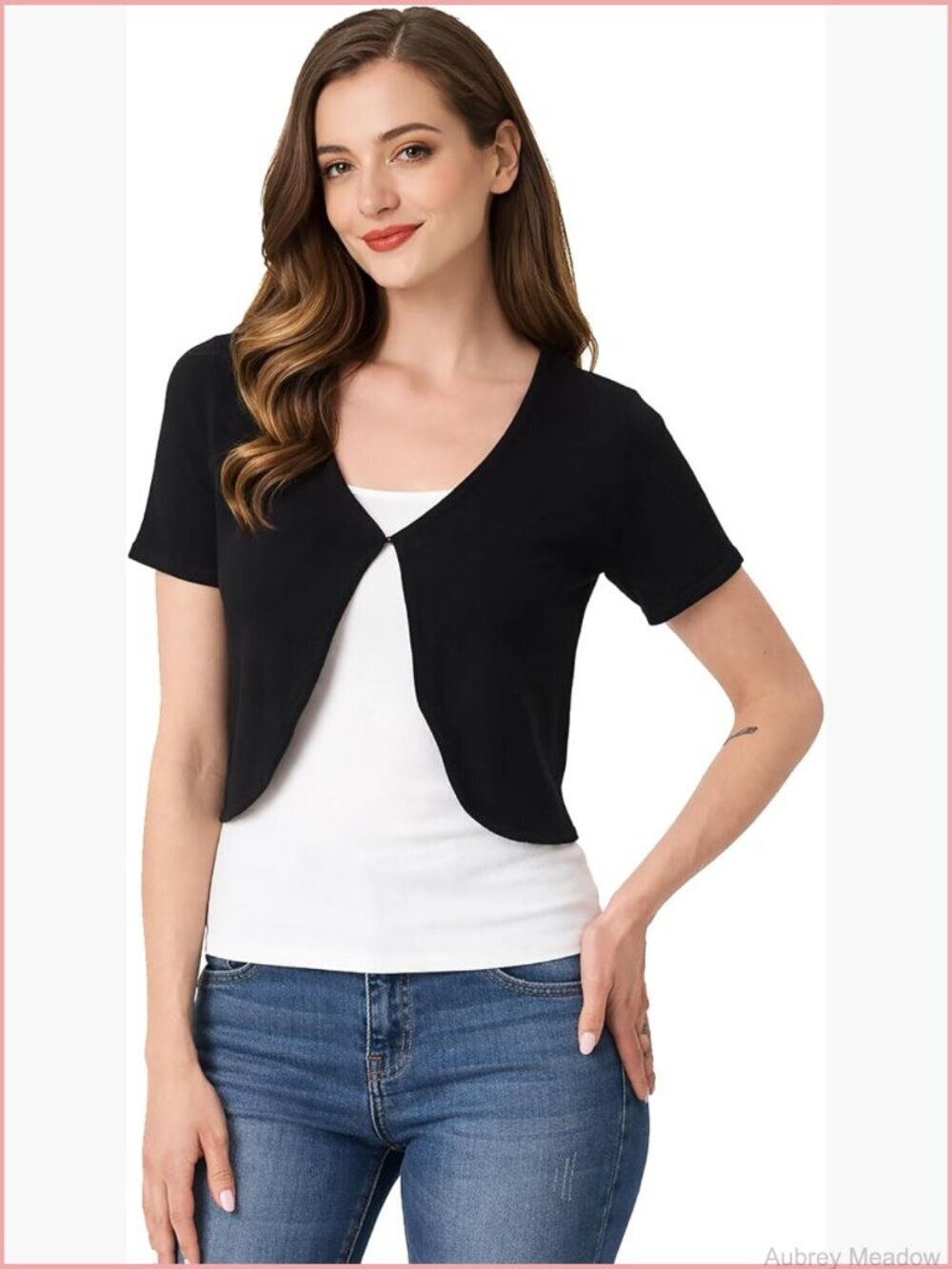 Short Sleeve Open Front Shrug Cardigan Sheer Crocheted